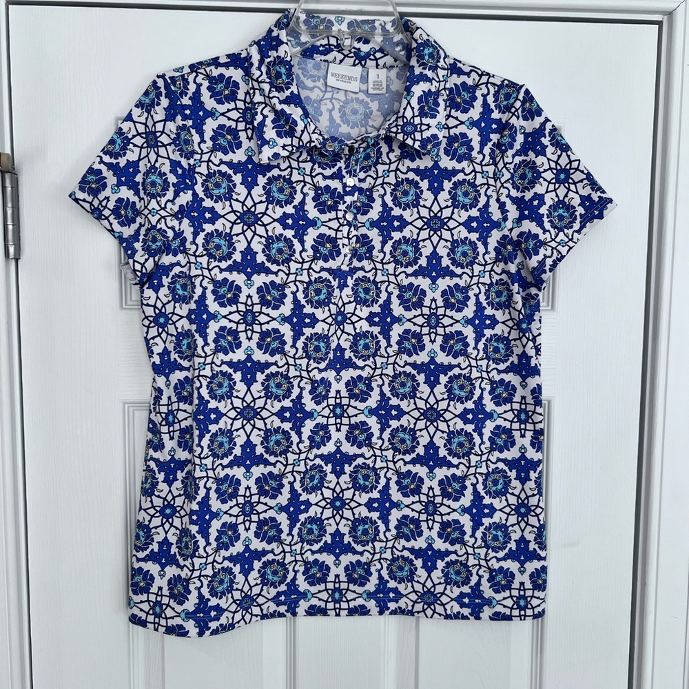 Ladies Juniors Size 1 CHICO'S WEEKENDS Blue & White Floral Button Down Shirt GUC